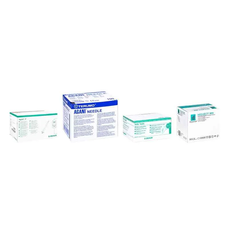 Die vier Packungen des TRT Injektions-Sets nebeneinander: B. Braun Injekt-F Feindosierungsspritzen, Terumo Agani Injektionskanülen 27G, B. Braun Softa Swabs Alkoholtupfer und Neoject Aufziehkanülen 18G
